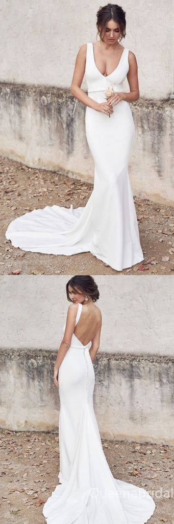 Elegant White Open Back Mermaid Plunging  Long Wedding Dresses with Trailing ,WGP223