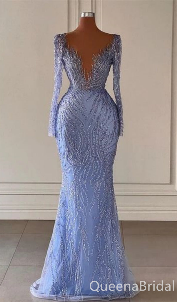 Purple Plunging Long Sleeves Mermaid Evening Gown Long Evening Party Prom Dresses ,WGP1243