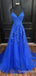 Sexy Elegant Royal Blue Spaghetti Straps Lace Appliques A-line V-neck Evening Gown Maxi Long Formal Dresses Prom Dresses,WGP933