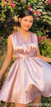 Casual Halter V-neck A-line Short Mini Homecoming Dress,QB1096