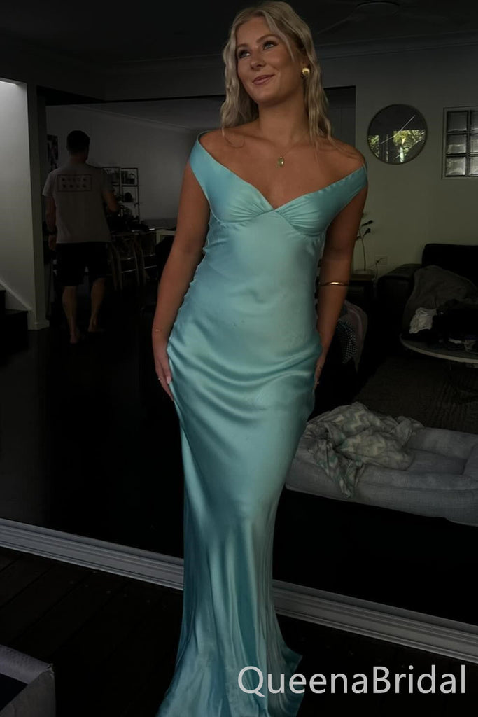 Elegant Blue Off Shoulder Sheath Long Prom Dresses ,WGP1581