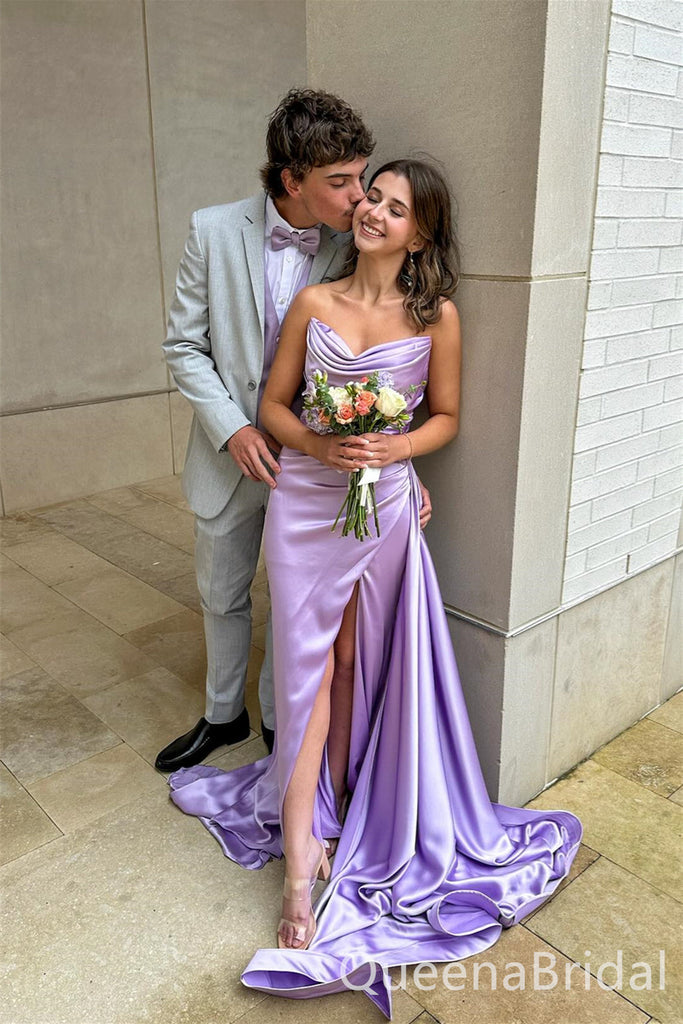 Elegant Strapless Lilac Side Slit Pleats Sheath Long Prom Dresses with Trailing ,WGP1582