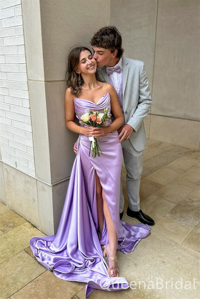 Elegant Strapless Lilac Side Slit Pleats Sheath Long Prom Dresses with Trailing ,WGP1582