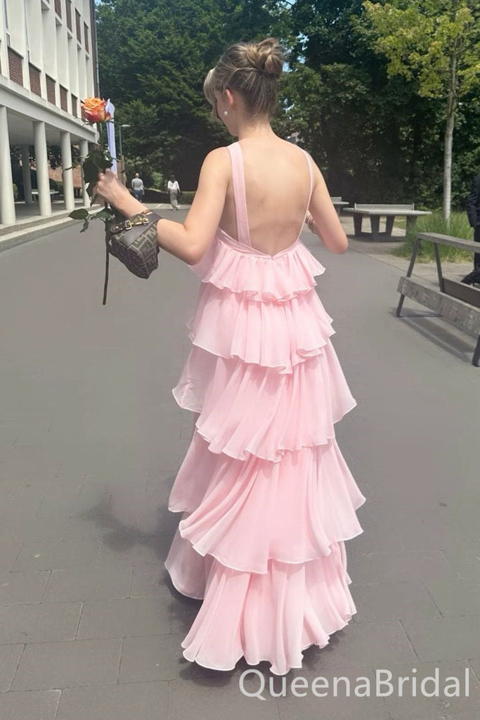 Elegant Light Pink Tiered Sheath Long Prom Dresses  ,WGP1583