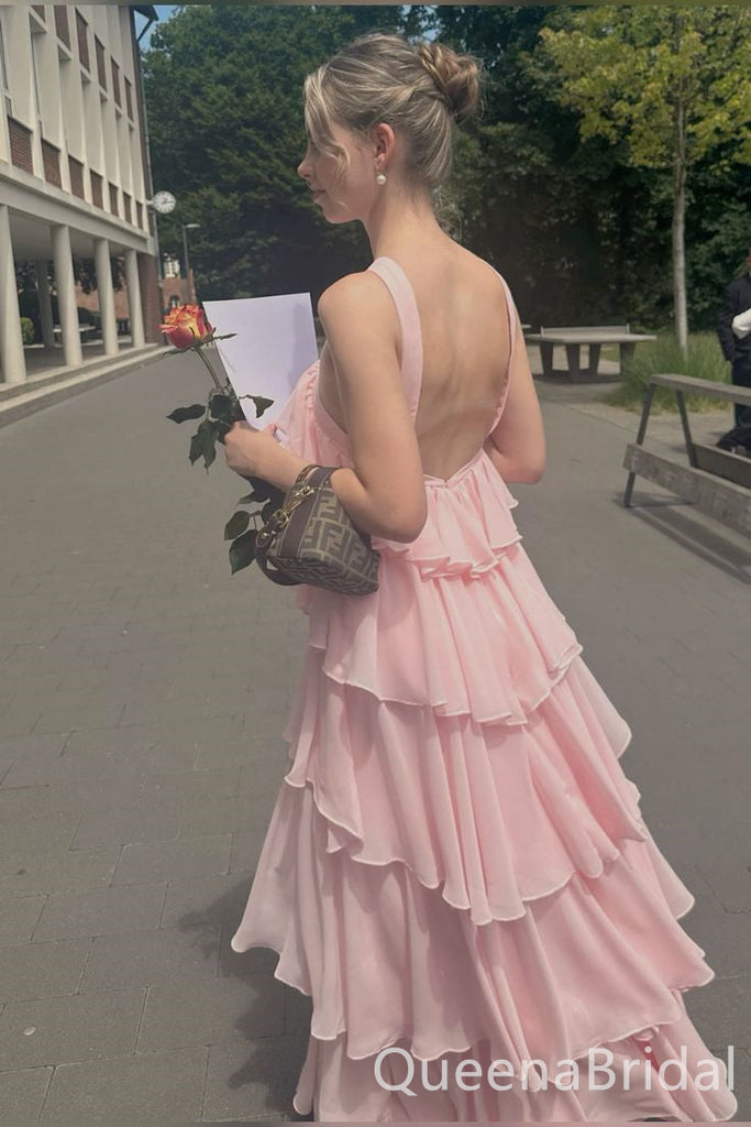 Elegant Light Pink Tiered Sheath Long Prom Dresses  ,WGP1583