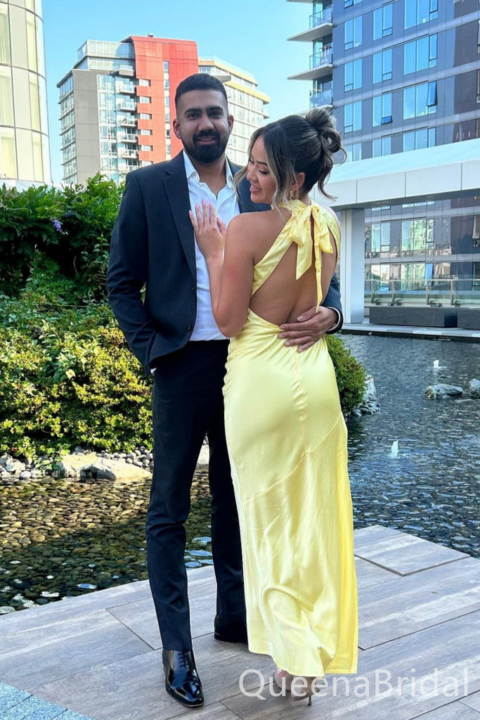 Sexy Halter Yellow Side Slit Sheath Long Prom Dresses  ,WGP1588