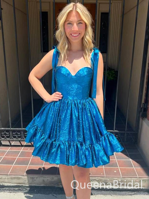 Elegant Blue Spaghetti Straps Ruffles Simple Cheap A-Line Short Homecoming Dresses, QB0507