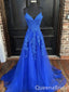 Sexy Elegant Royal Blue Spaghetti Straps Lace Appliques A-line V-neck Evening Gown Maxi Long Formal Dresses Prom Dresses,WGP933