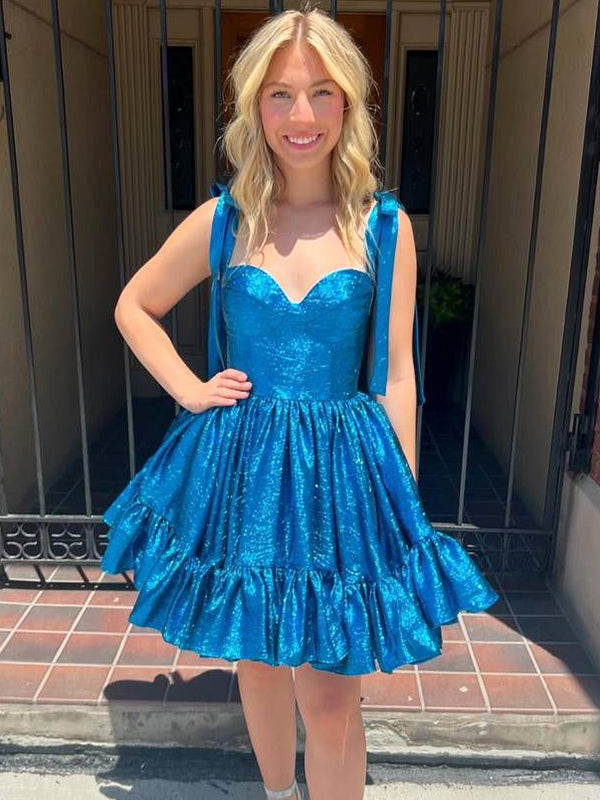 Elegant Blue Spaghetti Straps Ruffles Simple Cheap A-Line Short Homecoming Dresses, QB0507