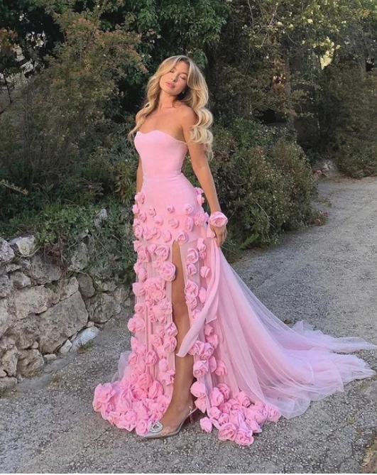 Stunning Pink Strapless 3D Floral Side Slit Mermaid Birthday Party Dress Long Prom Dresses to Impress ,WGP1537