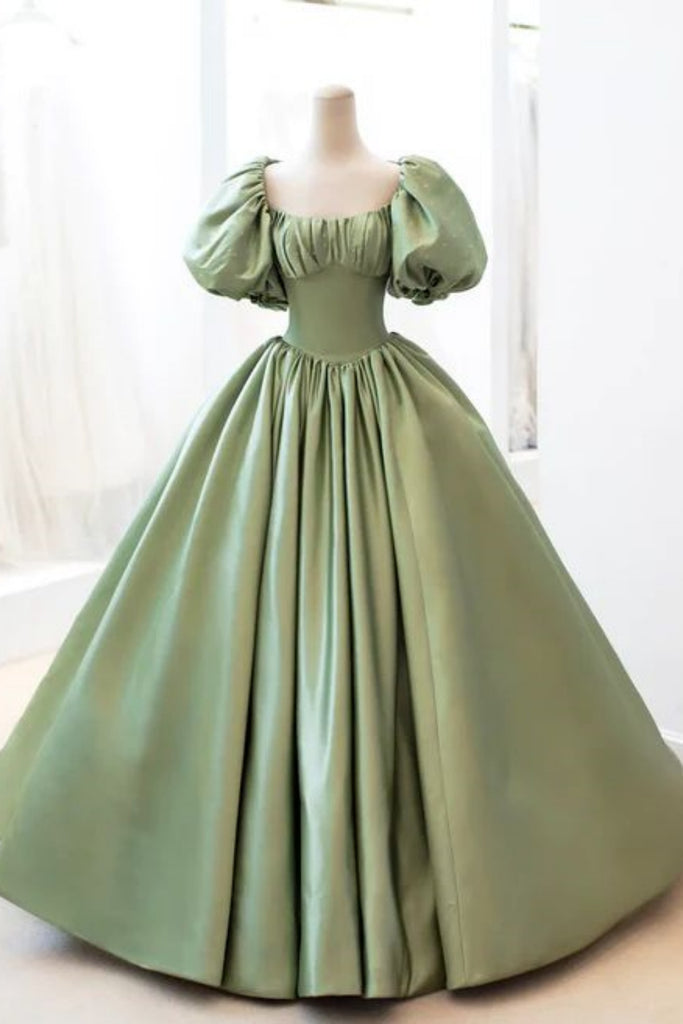 Elegant Green Bubble Sleeves A-line Lace up Back Party Dress Long Prom Dresses to Impress ,WGP1395