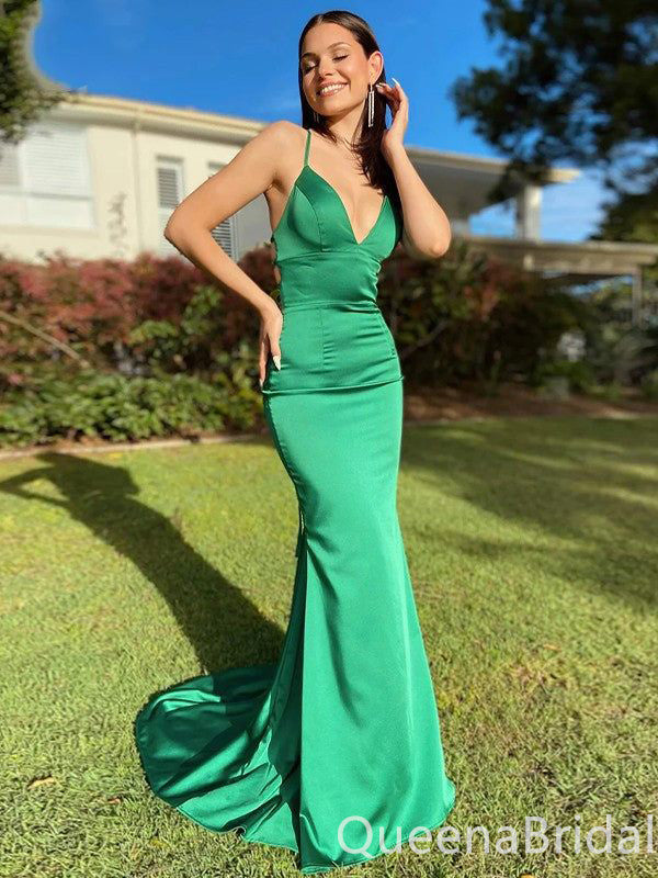 Sexy Green Spaghetti Straps Lace Up Back Deep V-neck Evening Gown Maxi Long Formal Dresses Prom Dresses,WGP934