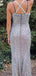 Sexy Silver Mermaid Spaghetti Strap Side Slit Sequins Criss - Cross Back Long Prom Dresses,WGP438