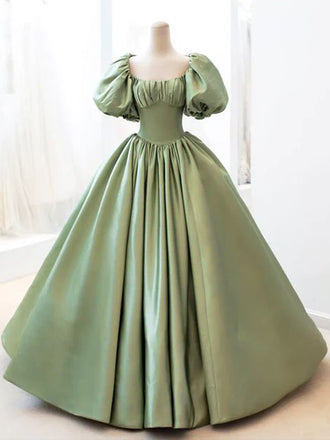 Elegant Green Bubble Sleeves A-line Lace up Back Party Dress Long Prom Dresses to Impress ,WGP1395