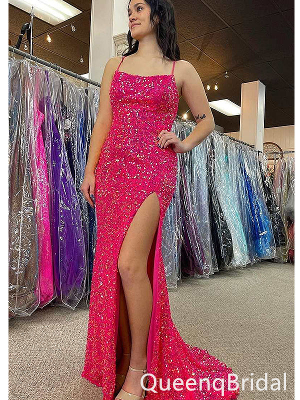 Sparkly Pink Spaghetti Strap Mermaid Sequin Lace Up Back Side Slit Long Prom Dresses,WGP441
