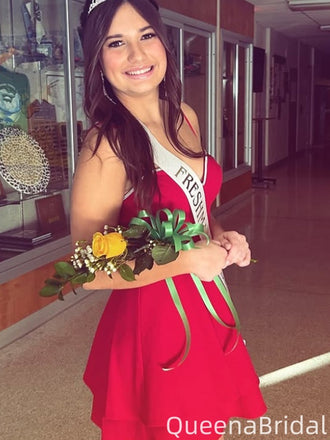 Casual V-neck Spaghetti Strap A-line Short Mini Homecoming Dress,QB0995