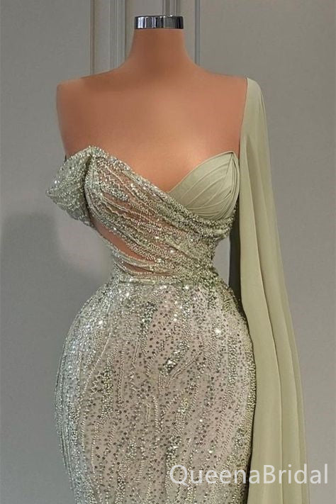 Sparkle Green Off Shoulder V Neck Mermaid Evening Gown Long Evening Party Prom Dresses ,WGP1245