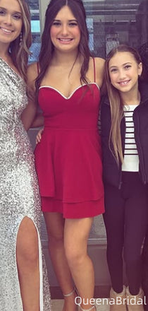 Casual V-neck Spaghetti Strap A-line Short Mini Homecoming Dress,QB0995