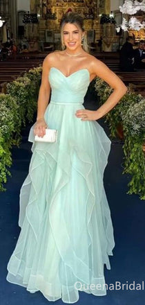 Elegant Mint Green Strapless Sweetheart Evening Gown Maxi Long Formal Dresses Prom Dresses with Ruffles,WGP935