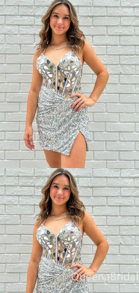 Silver Sparkle Mermaid Spaghetti Straps Graduation Party Short Homecoming Dresses,QB0752