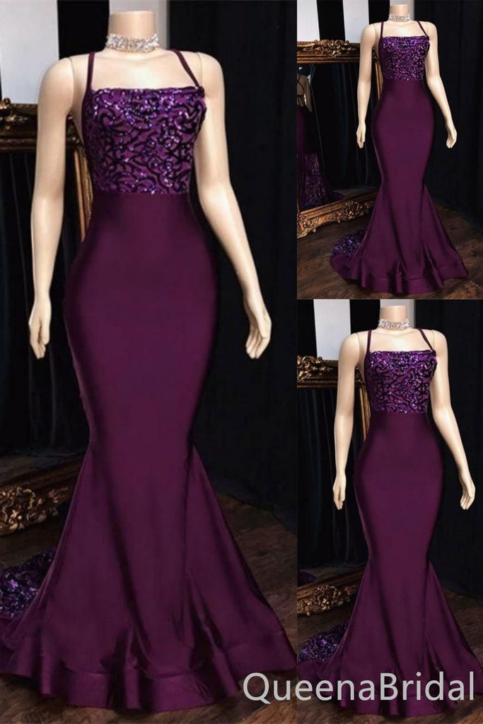 Sparkle Burgundy Spaghetti Straps Lace Up Back Mermaid Evening Gown Maxi Long Evening Party Prom Dresses ,WGP1135