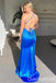 Sexy Blue Plunging Lace up Back Mermaid Long Party Dress Prom Dresses ,WGP1894