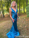 Sexy Stunning Plunging Blue Mermaid Long Party Dress Prom Dresses ,WGP1888