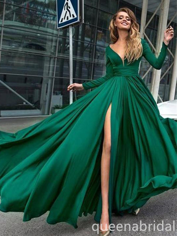 Gorgeous Emerald Green Plunging A-line Evening Gown Maxi Long Evening Party Prom Dresses with Side Slit,WGP1060