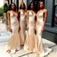 Elegant Champagne Spaghetti Straps V Neck Simple Mermaid Long Cheap Bridesmaid Dresses , BDS0185