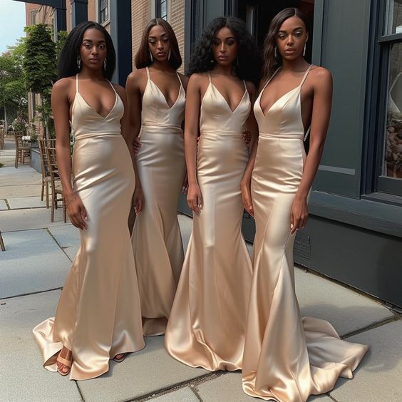 Elegant Champagne Spaghetti Straps V Neck Simple Mermaid Long Cheap Bridesmaid Dresses , BDS0185