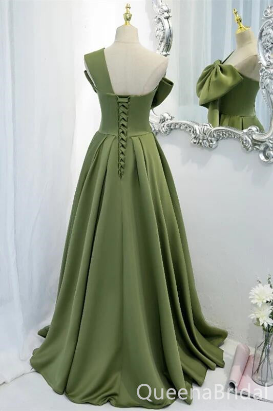 Green A-line One Shoulder Lace Up Back Evening Gown Maxi Long Formal Dresses Prom Dresses with Bow Knot,WGP975