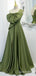 Green A-line One Shoulder Lace Up Back Evening Gown Maxi Long Formal Dresses Prom Dresses with Bow Knot,WGP975