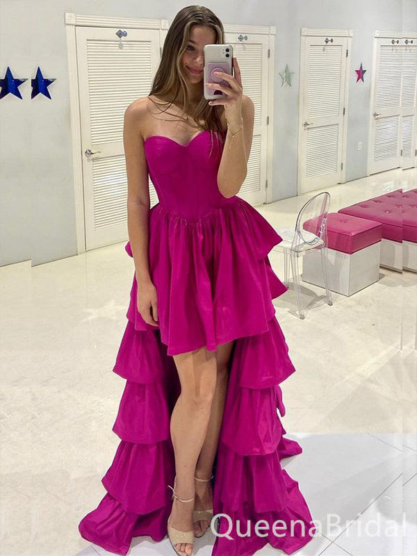 Hot Pink High Low Strapless A-line Layer Evening Gown Long Evening Party Prom Dresses ,WGP1246