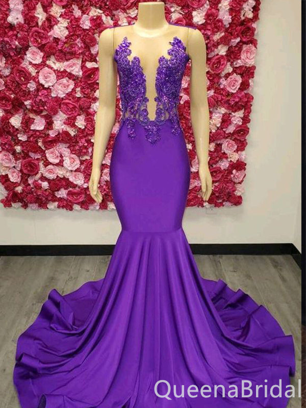 Purple Illusion Lace Appliques Mermaid Evening Gown Maxi Long Evening Party Prom Dresses ,WGP1136