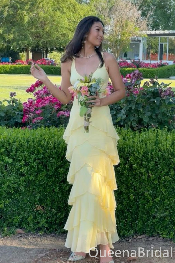 Elegant Light Yellow Sheath Tiered Long Prom Dresses ,WGP1606