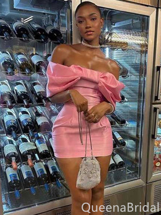 Stylish Pink Mermaid Off Shoulder Graduation Party Short Homecoming Dress Formal Evening Party Dress , QB0863