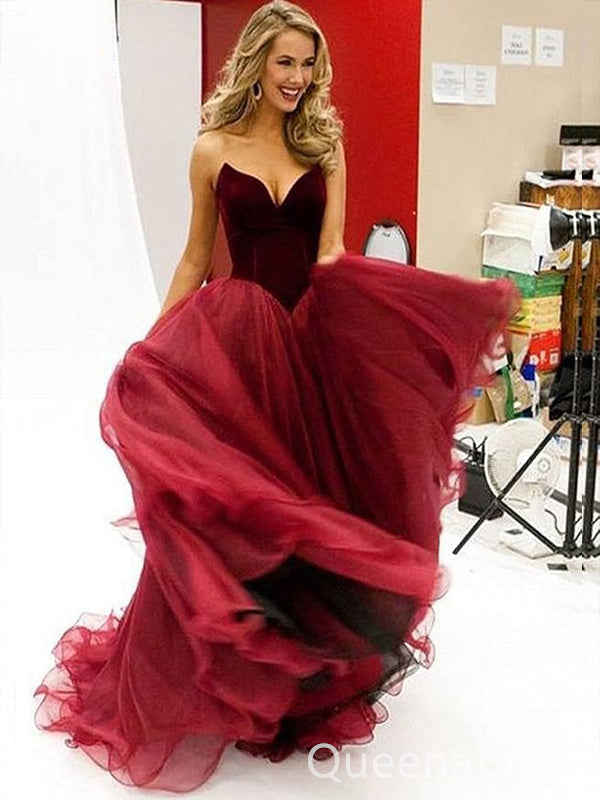 Elegant V-neck A-line Sheer Corset Evening Gown Maxi Long Formal Dresses Prom Dresses with Tulle,WGP937