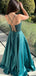 Elegant Green Spaghetti Strap A-Line Lace Up Back Long Prom Dresses,WGP443