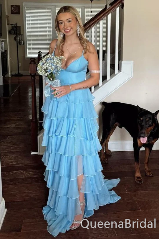 Sexy Blue V Neck Spaghetti Straps Blue Tiered A-line Long Party Dress Long Prom Dresses to Impress ,WGP1431