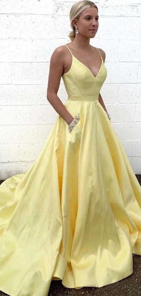 Yellow Sexy V-neck A-line Spaghetti Straps Maxi Long Formal Prom Dresses Evening Gown ,WGP544