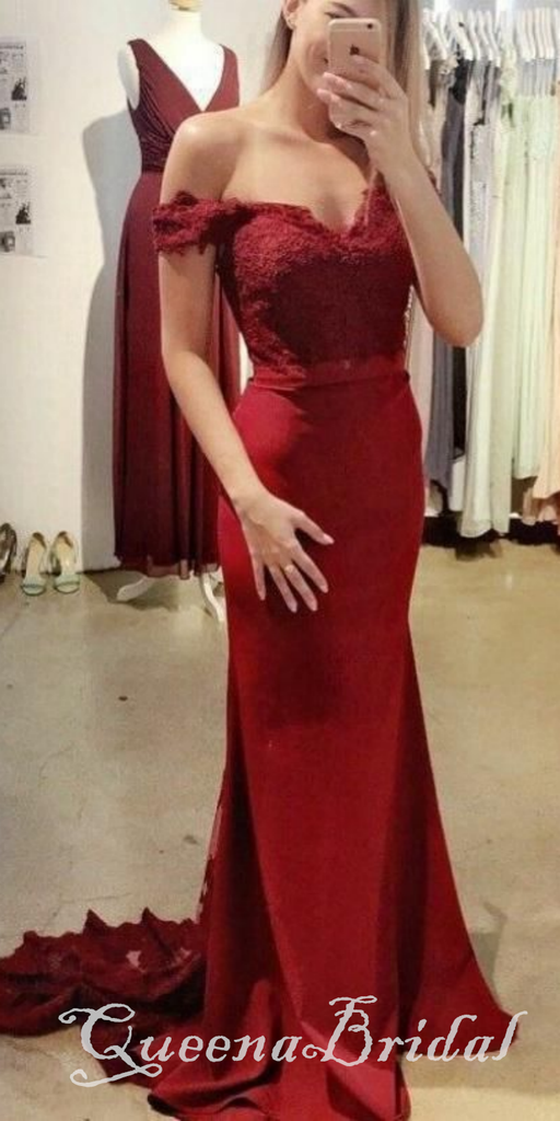 Burgundy Lace Appliques V Neck Mermaid Evening Gown Maxi Long Evening Party Prom Dresses with Trailing ,WGP1063