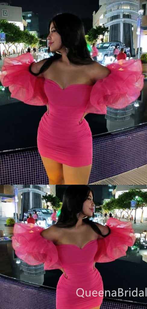 Hot Pink Off-the-shoulder Sweetheart Mermaid Graduation Party Short Homecoming Dresses,QB0754