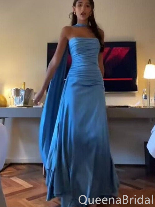 Stylish Blue Strapless A-line Long Prom Dresses ,WGP1608