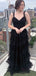 Elegant Black Spaghetti Strap A-Line Ruffles Long Prom Dresses,WGP444