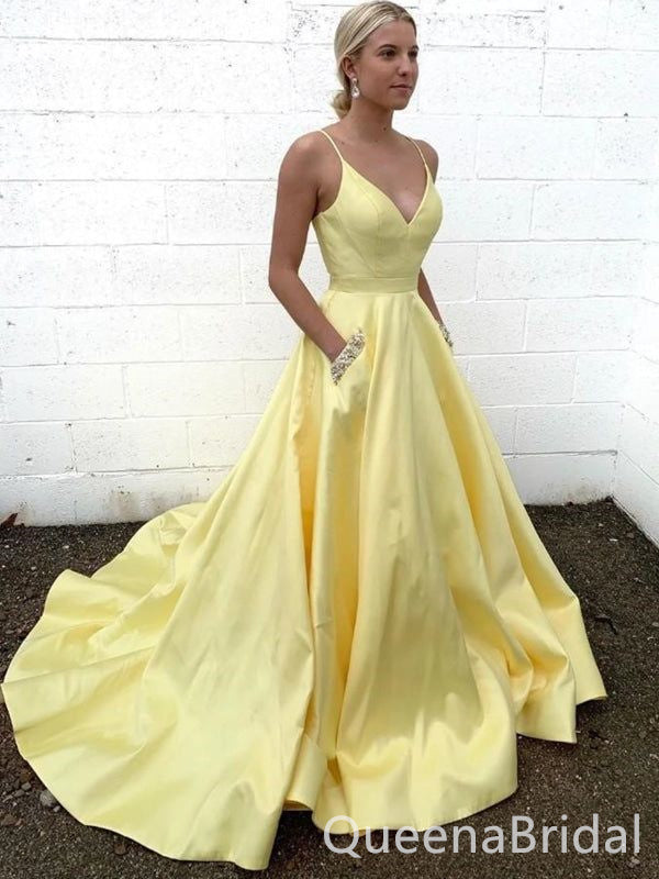 Yellow Sexy V-neck A-line Spaghetti Straps Maxi Long Formal Prom Dresses Evening Gown ,WGP544