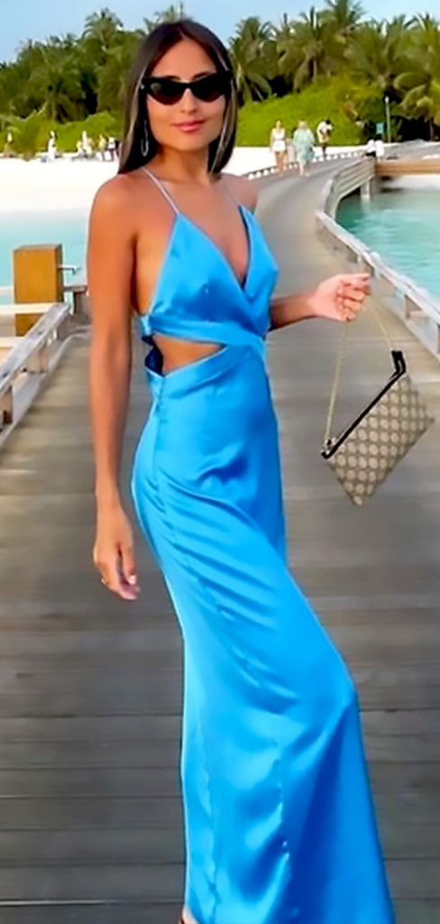 Sexy Blue Spaghetti Straps V Neck Mermaid Sleeveless Evening Prom Dresses,WGP523