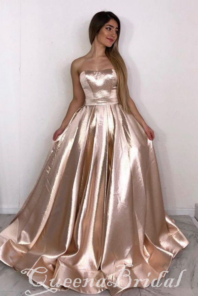 Champagne Sparkle A-line Strapless Evening Gown Maxi Long Evening Party Prom Dresses with Pleats ,WGP1064