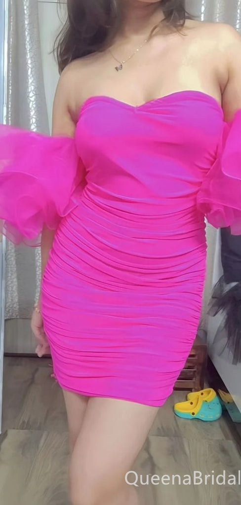 Hot Pink Off-the-shoulder Sweetheart Mermaid Graduation Party Short Homecoming Dresses,QB0755