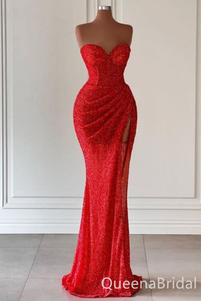 Red Strapless Mermaid Sweetheart Evening Gown Long Evening Party Prom Dresses with Side Slit ,WGP1249