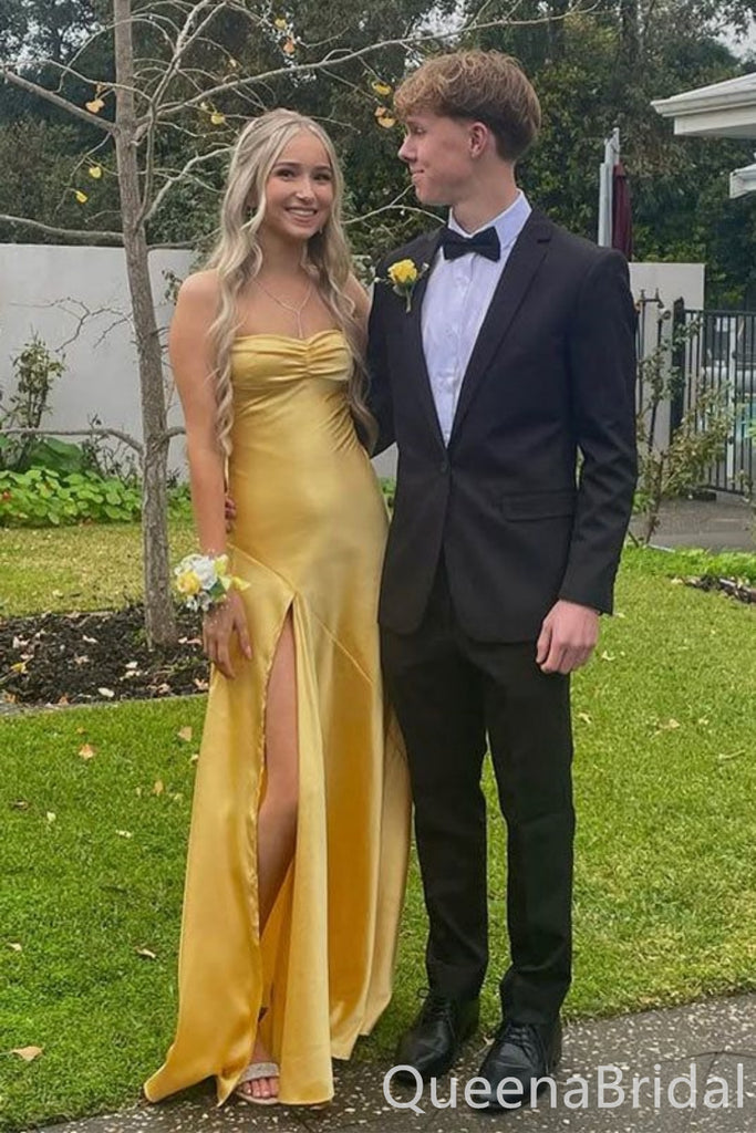 Elegant Yellow Strapless Side Slit Sheath Long Prom Dresses ,WGP1612